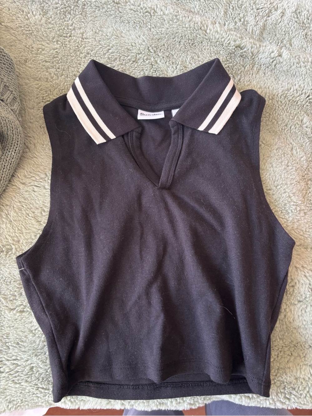 Sunday Best Black Sleeveless Polo Tank with Cream Striped Collar